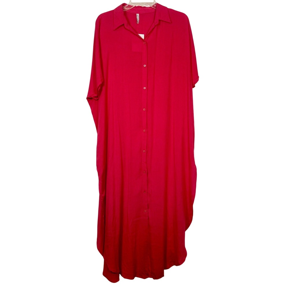 Raviya Shirt Dress Maxi Caftan Oversized Loose Fit, Raspberry Button Front M